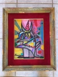 Framed original contemporary with red velvet border, signed by Juan Carlos Breceda, Mexico 