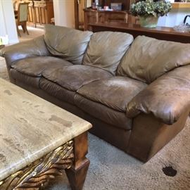 3-person sofa in ultra-soft leather, "Durango Pepper" color, by Hancock & Moore; also large & weighty square coffee table with stone top and heavily carved & gilded wood base; accommodates 6!