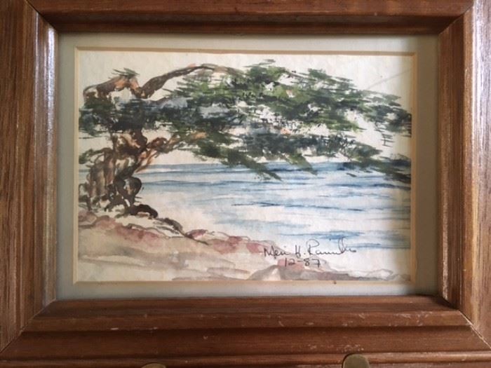 Post card size framed original "Windswept Cedar", signed