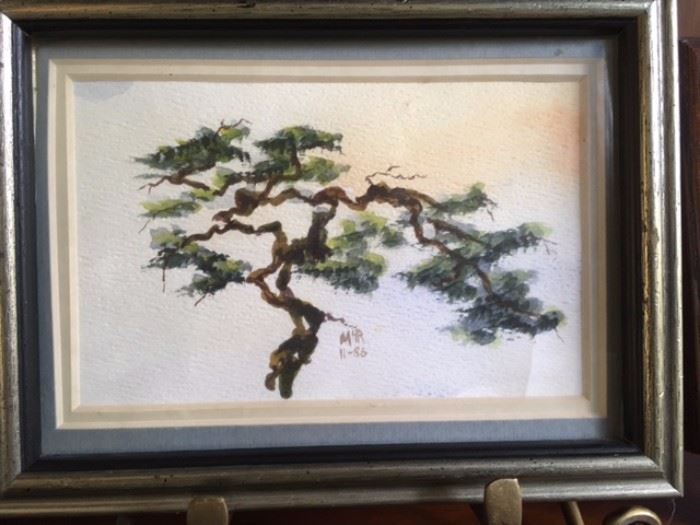 Post card sized framed Ancient Tree, signed