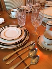 Service for 8 china in "Hancock" pattern by Lenox, including bonus embossed black-banded accent luncheon/dessert plates, plus servers & accessories; also flatware service for 8 by Gorham, and service for 8 iced tea/water glasses & wine goblets in "Araglin" pattern by Waterford. UPDATE: Only Waterford glasses available; flatware and china SOLD Saturday