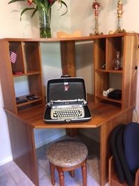 Teak corner desk unit, Smith Corona Classic 12 with hard case, desk stool with upholstered top