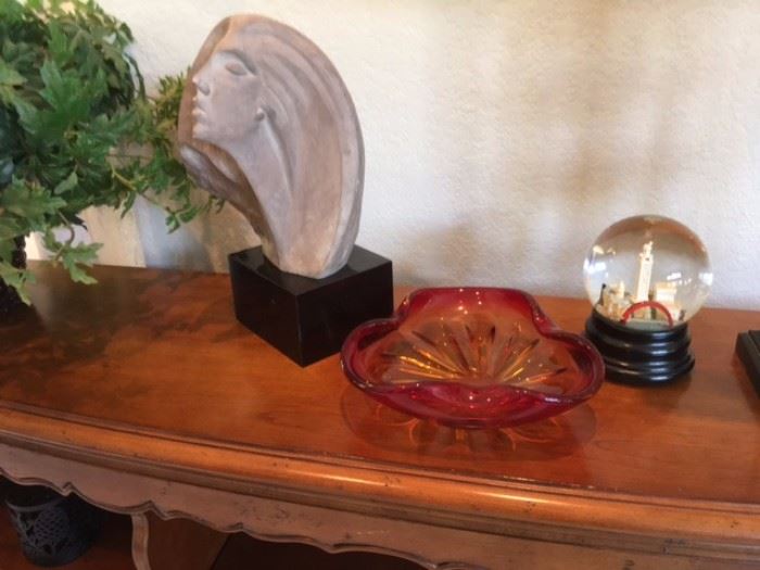Statue attributed to women, red and gold art glass dish,  UT snowball