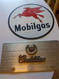 Mobilgas ceramic sign and Vintage Cadillac license plate