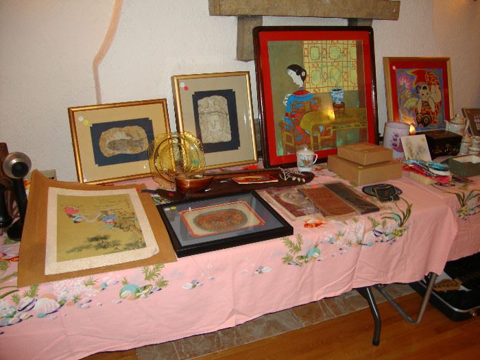Framed Chinese fossils, antique Chinese embroidered fabrics, Chinese peasant painting