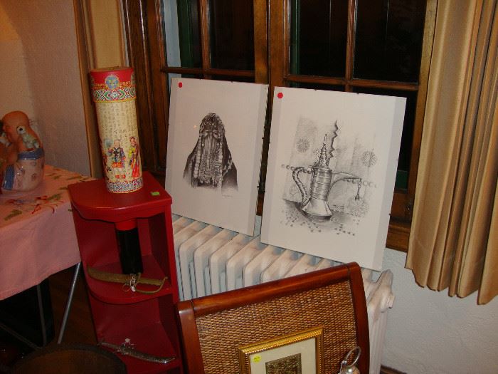 pencil drawings from Saudi Arabia, Chinese red painted corner bookcase
