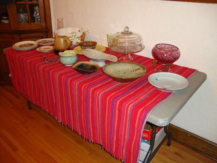 Souvenir plates, Gates Ware by Laurie Gates punch bowl, studio pottery, covered cake plate, beautiful amethyst colored glass bowl and brass stand