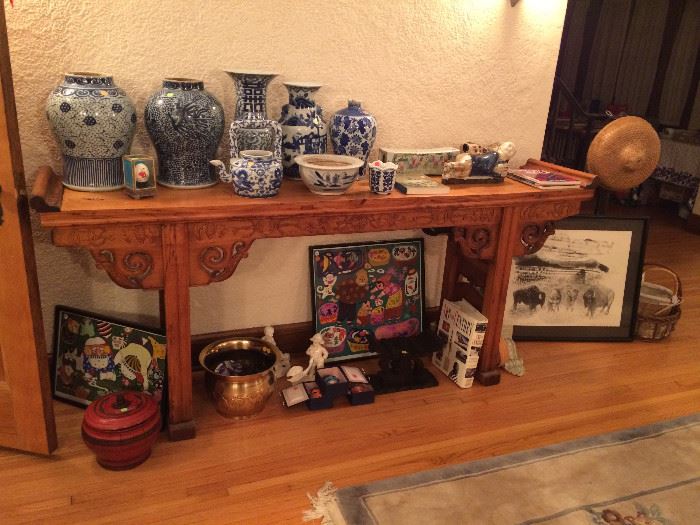 Antique Chinese camphor altar table with engravings of bats, blue and white porcelain, Chinese folk art paintings, Malcolm Myers Water Buffalo framed lithograph