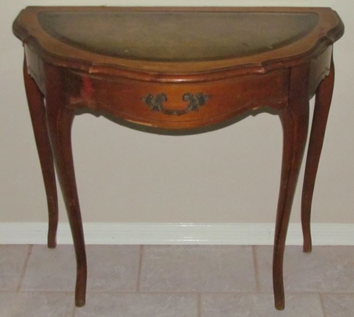 Vintage Mahogany French Provencial Style Demi' Lune Table with Leather Insert Top and Faux Drawer Front (32"W x 17"D x 29"H)