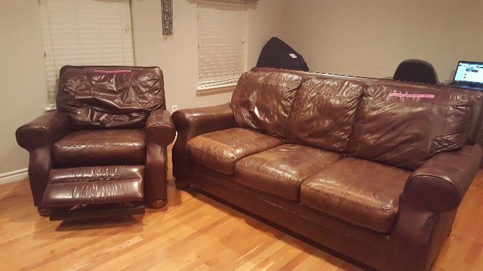 LEATHER COUCH RECLINER about 10 years old. Worn, but no rips or tears.