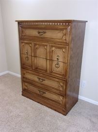 Queen box spring, Queen headboard, night stand, chest of drawers and dresser with mirror.