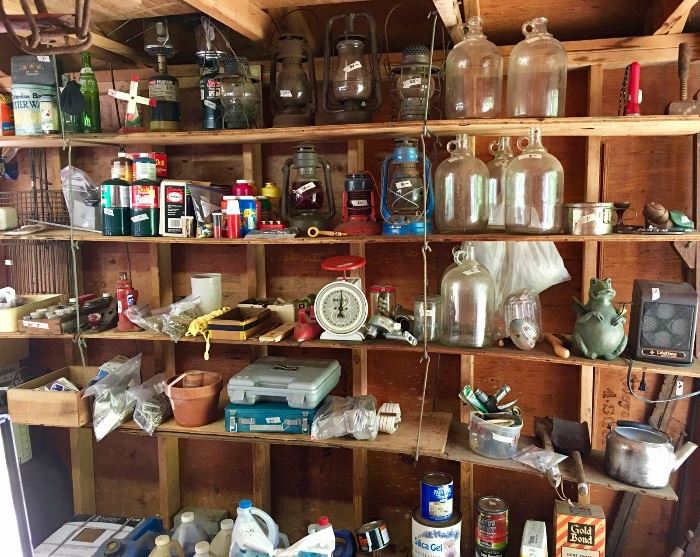 Vintage and Antique lamps and lanterns, oil lamps, jugs, tools, tool sets, gardening tools, propane lanterns, gardening dust, insecticides