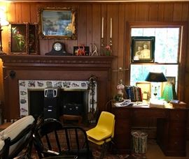 Antique picture art with original glass and frame, mantel clock, lamps, set of speakers, child size chairs, stained glass light, desk