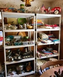 Antique and vintage toys, serving trays, pots, pans, cooking implements, tablecloths, table runners, place mats including various needlework arts such as tatting, embroidery.