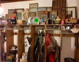 Antique washboards, archery equipment, vintage baskets and tins, antique dolls, reed basket, table lamps, frames, antique and vintage child's ice skates, baskets, Easter baskets, frames in many sizes