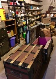 Large, unique antique trunks, shelving, tools, vintage and antique coal buckets, vintage tins including Phillip Morris, vintage pipes