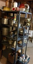 Pots, pans, molds, cleaning supplies, enamel ware pots, pans, pitcher, baby bathing tub