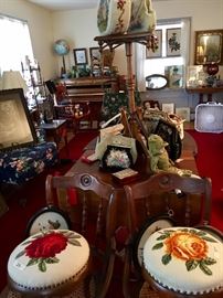 Stunning needlepoint stools, purses, framed art, covered door stoppers, jewelry boxes, caned seat chairs, end tables, life-size ceramic cat.