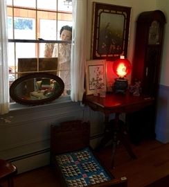 Antique doll bed, grandfather clock, mirror, converted oil lamp light with beautiful red globe, unique occasional table, art, vintage life size doll, Nellie!
