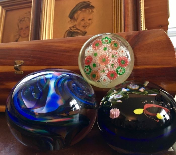 Beautiful paperweights, jewelry case, antique framed art.