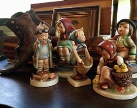 Hummel figures, antique child's button up shoes