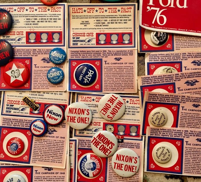 Antique and vintage political and local cause buttons and pins, Truman, Nixon, Romney, Ford, Kennedy, Pat for First Lady, Wilson for peace, Heinz pickle