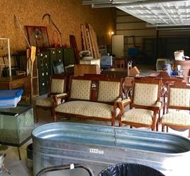 Antique and vintage 3 and 4 piece furniture groupings, aquariums, coat rack, dog kennel, desks, chairs, loveseats, tables, wood, landscaping blocks, cement blocks
