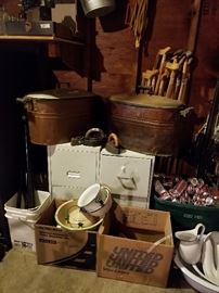 Copper buckets, enamelware pots, pitchers, coffee pot, antique irons, crutches, extension cords