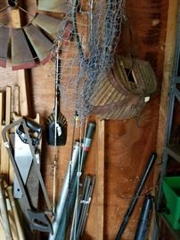Fishing and boating gear including antique creel, poles, anchors, net, saws, lawn and game implement including bats, balls, crochet set, lawn games