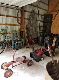 Antique pump vehicle, snowblowers, bicycles, roaster, grills, edge trimmer, hand tools, metal water trough, hand tools
