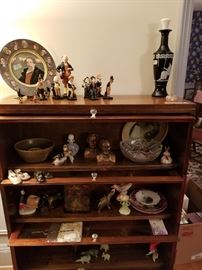 Barrister bookcase with china figures, onyx animals, antique baby shoes, Royal Doulton Dickens' characters