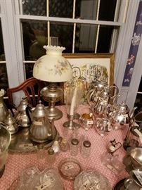 Pewter, silver, glass, serving pieces, bowls, salt and pepper shakers, candle holder, sugar and creamer sets, antique pickle holder