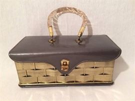 1950's Dorset Rex Fifth Avenue Twisted Lucite Handle Gold Brass Weave Basket Lunch Box Purse Grey Vinyl Top - Super Condition - Brass Needs Polishing!
