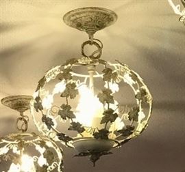 WOW Authentic Gorgeous Vintage Italian 1950's Tole 15" Cage / Caged Chandelier White Gold Gilt Leaves & Vines Romantic Ceiling Light Fixture Italy Shabby Cottage Chic Hanging Metal Lamp - Works Beautifully!
