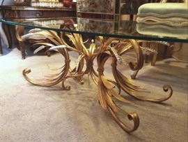 VINTAGE ITALIAN TOLE COCO CHANEL STYLING GOLD GILT SHEAF OF WHEAT COFFEE TABLE HOLLYWOOD REGENCY AUTHENTIC W/MADE IN ITALY METAL TAG STILL ATTACHED
