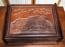 Vintage Collectible Handsome Hand Carved Wood Dresser Tabletop Men's Valet Caddy Jewelry Watch Cigar Ring Trinket Whatnot Box
