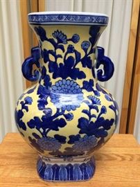 Vintage Collectible Lovely Asian Chinoiserie Chinese Oriental Blue & Royal Yellow Porcelain Garden Floral Tall Vase With Foo Dog Or Koi Fish Handles Signed/Marked - Excellent Condition - No Chips!
