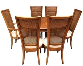 WOW Fantastic Very High End 1960's Asian Inspired Walnut Dining Table With 6 Cane Back Round Bentwood Chairs Plus Extra Leaf & Tabletop Pads By Hickory Mfg Co. Most Pieces Made By This Company Go For $1000's Online - Excellent Pre-owned Condition!
