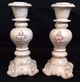 Beautiful Antique Style Large 13" Pair French Country Shabby Chic Distressed White Carved Terra Cotta Clay Style Plaster Pillar Candle Holders - Excellent Condition!
