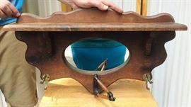 Vintage Antique Style Foyer Hallway Entryway Or Bedroom Cabin Wall Mounted Wooden Coat Hat Rack With Hooks, Shelf & Oval Mirror Hand Crafted By The Woodsmen Minnetonka Excellent Condition!
