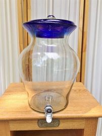 Beautiful Artisan Made Blown Art Glass Serving Jug Pitcher 1-2 Gallon With Spigot Beverage Tea Container With Glass Lid Artist Stamp On Bottom Of Container - Appears New Never Used!

