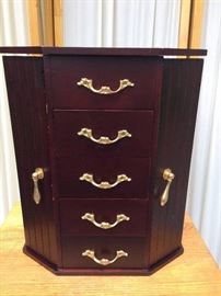Large Tall Vintage Cherry Wood Double Door Armoire Jewelry 5 Drawer Box Lift Flip Up Glass Encased Viewing Top Felt Lined Storage Rings Jewels Trinkets Necklaces Watches - Very Good Condtion!
