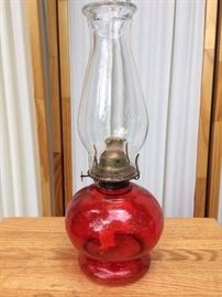 Antique Red Glass Bottom Dorset Oil Lamp With Burner & Clear Glass Chimney - Super Condition!
