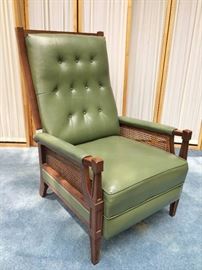 WOW Mid Century Modern Fantastic Olive Green Caned Sides Tufted Leather Chair Recliner Yes I Said It Is A RECLINER!! Take A Look At All The Pics - Fantastic Condition Too! Possibly Drexel?
