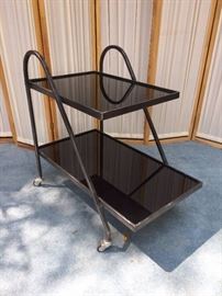 Stylish Vintage Industrial Modern Loft Heavy Duty Steel And Black Glass Rolling Mobile 2 Tier Beverage Bar Cart Trolley - Very Nice Vintage Condition!
