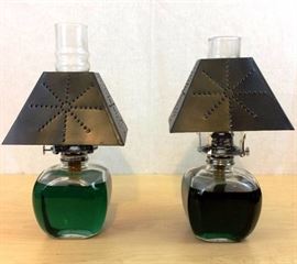 Vintage Collectible 14" 2 Large Lamplight Farms Glass Oil Lamps Cottage Cabin Punch Pierced Tin Metal Shades Glass Hurricanes - Excellent Condition!
