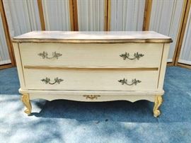 Vintage Collectible Beautiful French Provincial Hope Chest Trunk Boudoir Bench with Rococo Italian Flourishes, False Drawer Fronts, Elegant legs, Distressed & Gold Gilt Touches
