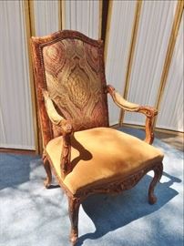 Rare! Vintage Impressive Lord Of The Manor Throne With Ornately Carved Wood Tapestry & Velvet Fabric Upholstery Armchair Accented With Crocodile Skin Hide? & Brass Nails!
