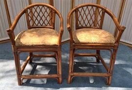2 Mid Century Vintage Tiki BOHO Rattan Bentwood Bamboo Upholstered Counter Bar Stools Chairs With Arm Rests - Bindings Are Tight And Very Sturdy Still
