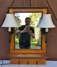 Traditional Styling Hallway Entryway Mudroom Wood Coat Rack With Mirror, Shelf, Hooks & Twin Light Up Lamps Lights - Super Working Condition!
